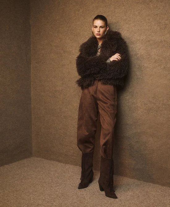 Access Fashion Coffee Faux Fur Jacket with Lapel Jacket