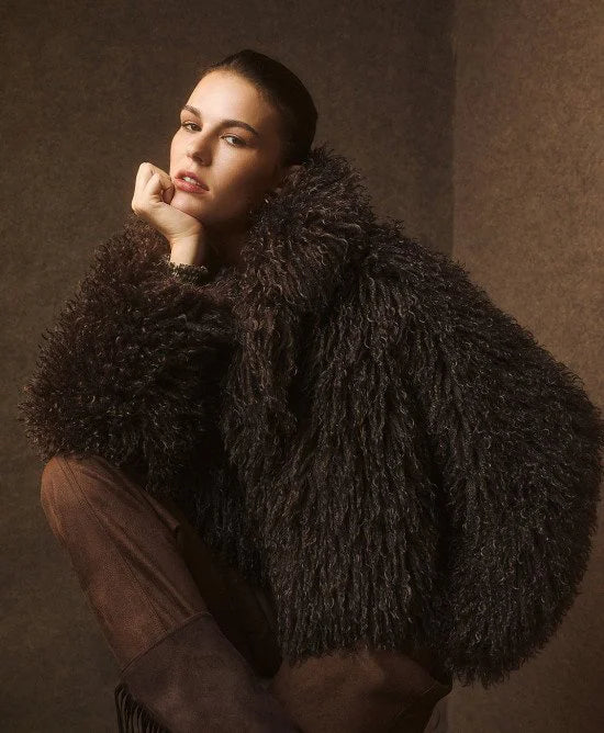 Access Fashion Coffee Faux Fur Jacket with Lapel Jacket