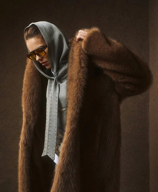 Access Fashion Coffee Long Fur Coat