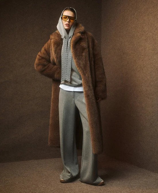 Access Fashion Coffee Long Fur Coat