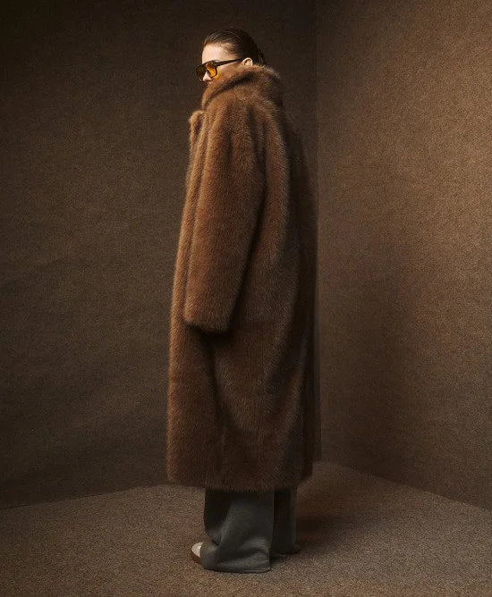Access Fashion Coffee Long Fur Coat