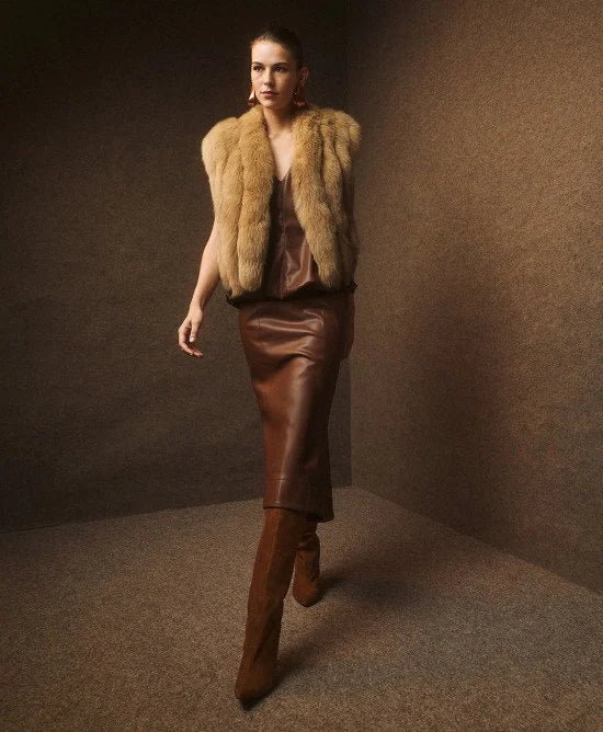 Access Fashion Beige Sleeveless Faux Fur Jacket