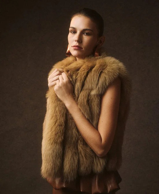 Access Fashion Beige Sleeveless Faux Fur Jacket