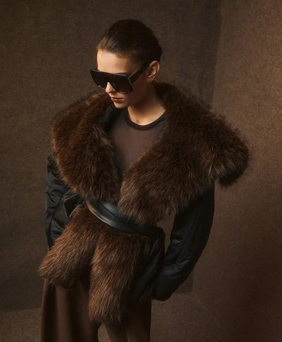 Access Fashion Black Jacket With Belt &amp; Faux Fur Collar