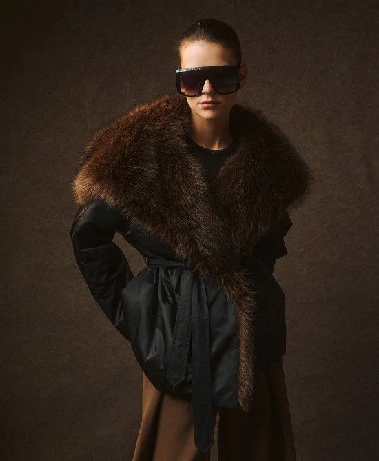 Access Fashion Black Jacket With Belt &amp; Faux Fur Collar