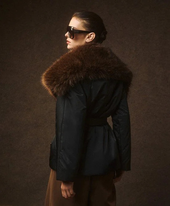 Access Fashion Black Jacket With Belt &amp; Faux Fur Collar