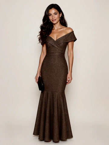 Joseph Ribkoff Bronze Signature | Sparkle Knit Off-Shoulder Trumpet Dress