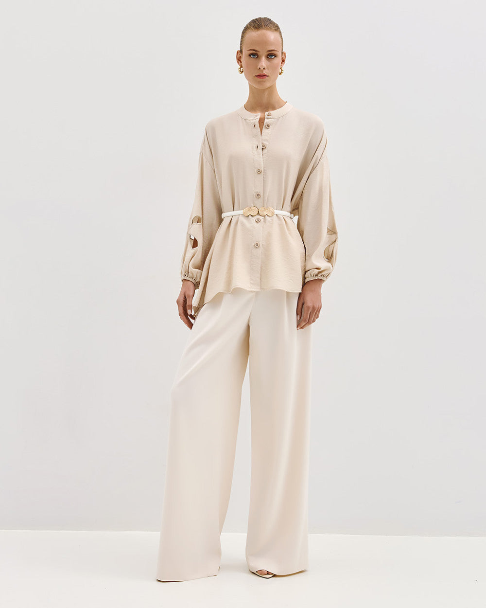 Access Fashion Asymmetrical Sand Shirt With Cut Out.