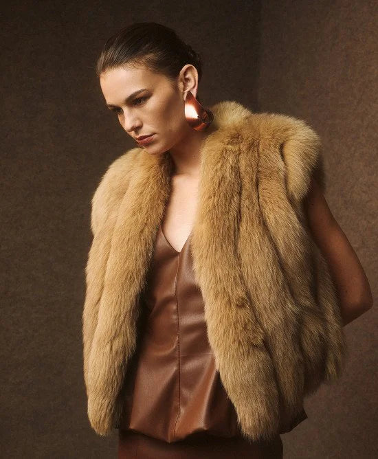 Access Fashion Beige Sleeveless Faux Fur Jacket