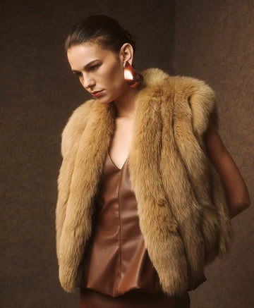 Access Fashion Beige Sleeveless Faux Fur Jacket