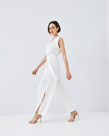 Access Fashion Belted Off White Jumpsuit