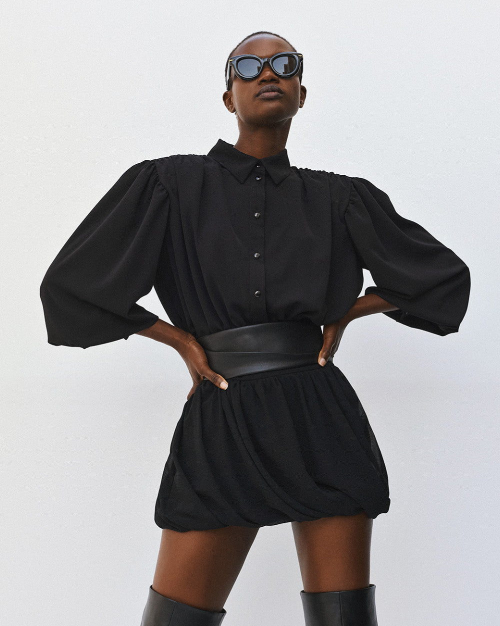 Access Fashion Black Cropped Baloon Blouse