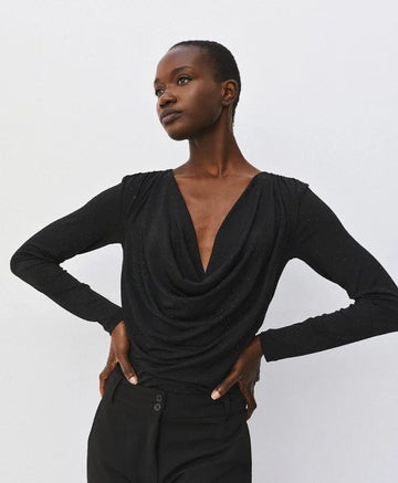 Access Fashion Black Draped Blouse With Rhinestones