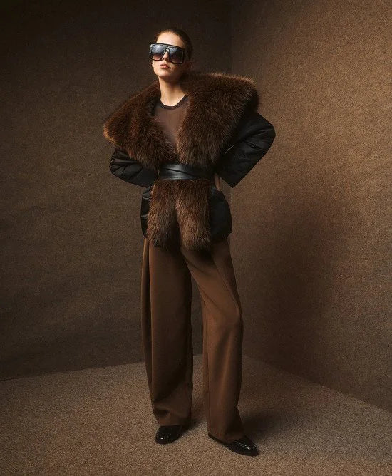 Access Fashion Black Jacket With Belt &amp; Faux Fur Collar