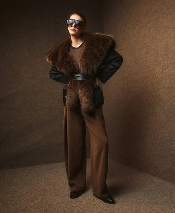 Access Fashion Black Jacket With Belt & Faux Fur Collar