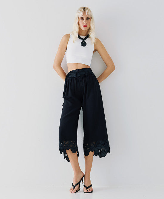 Access Fashion Black Lace Hem Cropped Trouser