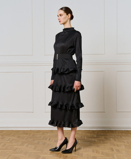 Access Fashion Black Pleated Dress With Ruffles