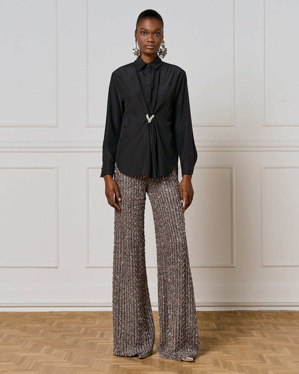 Access Fashion Black Shirt With Brooch