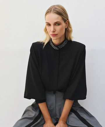 Access Fashion Black Shirt With Embellished Collar