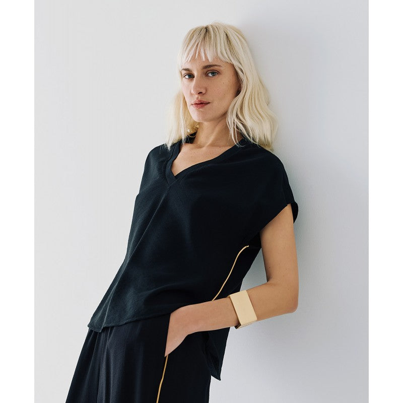 Access Fashion Black V Neck Top With Gold Piping