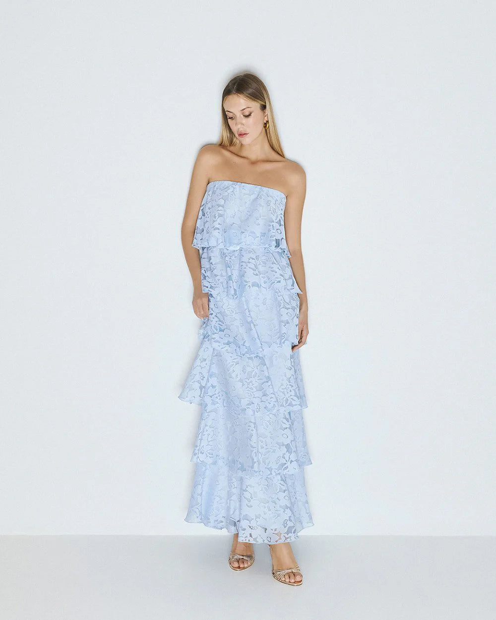 Access Fashion Blue Maxi Devore Dress With Ruffle Details