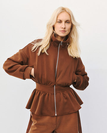 Access Fashion Chcoolate Jacket With Peplum & Pipin