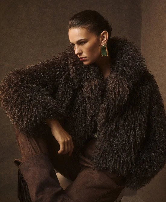 Access Fashion Coffee Faux Fur Jacket with Lapel Jacket