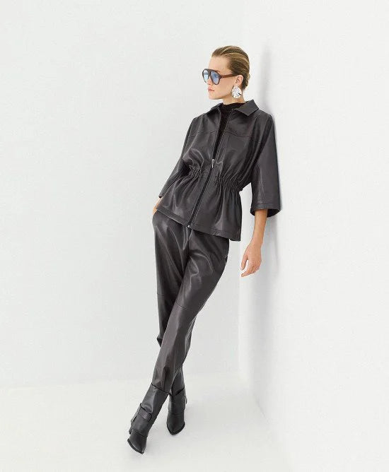 Access Fashion Coffee Faux Leather Jacket With Elasticated Waist