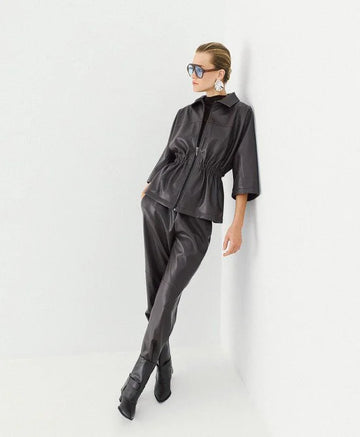 Access Fashion Coffee Faux Leather Jacket With Elasticated Waist
