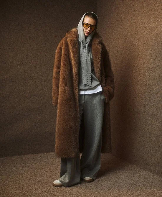 Access Fashion Coffee Long Fur Coat