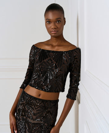 Access Fashion Cropped Sequin Mesh Top With Sequins