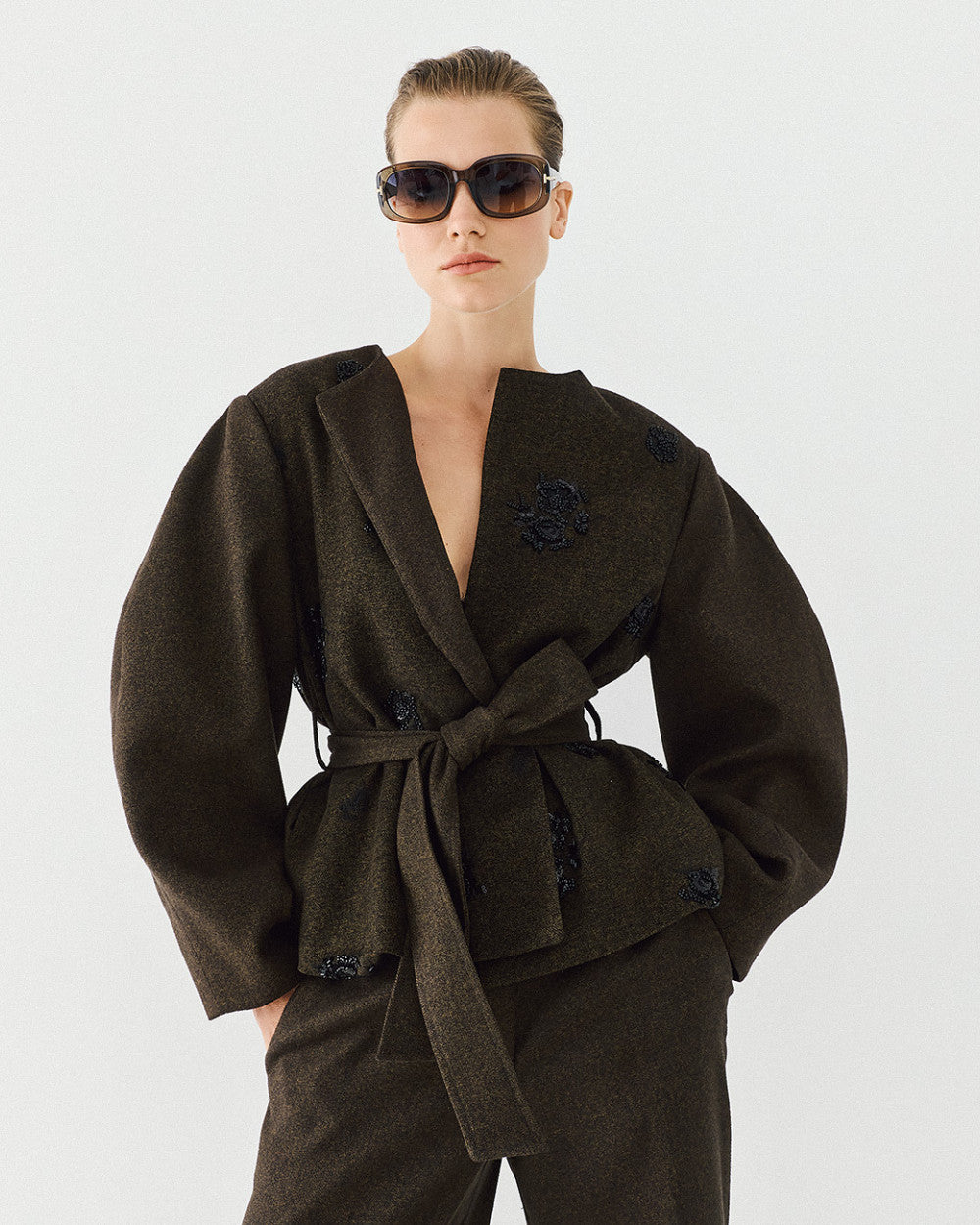Access Fashion Embellished Olive Belted Jacket