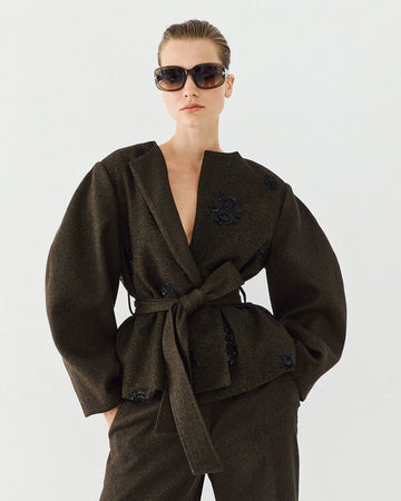 Access Fashion Embellished Olive Belted Jacket