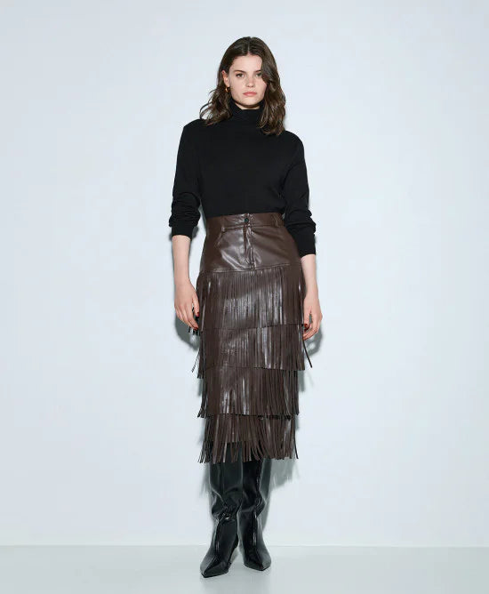 Access Fashion Faux Leather Effect Skirt With Fringes