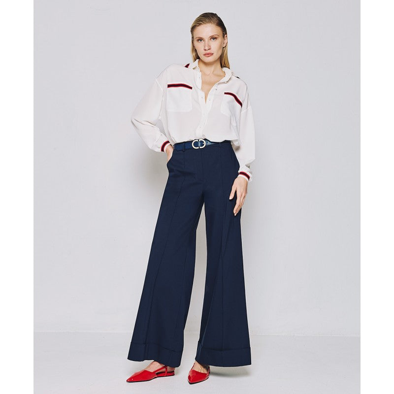 Access Fashion Navy Flare Pants With Turn-up Hemline
