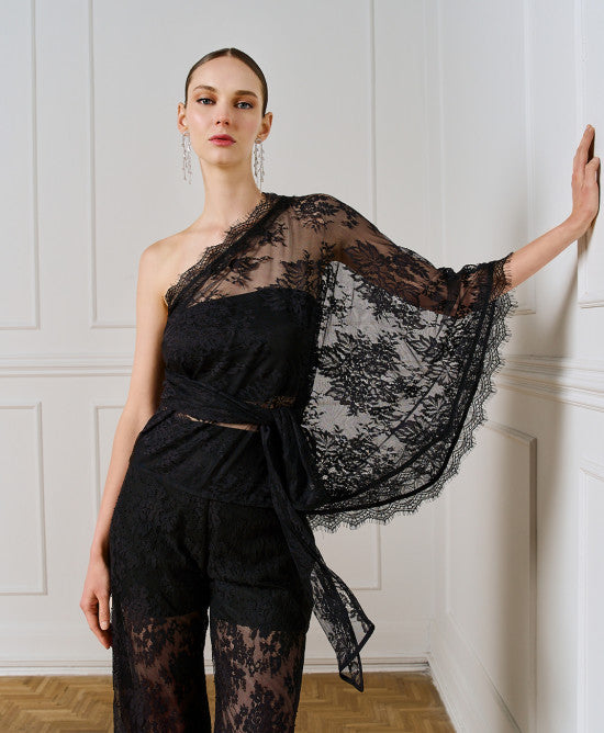 Access Fashion One Shoulder Black Lace Blouse