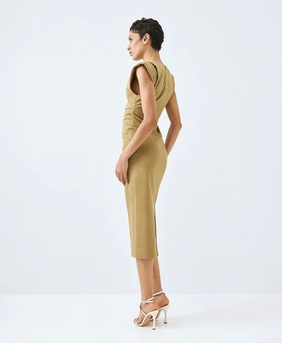 Access Fashion Ruched V Neck Olive Dress