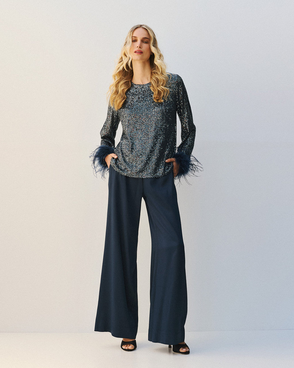 Access Fashion Satin Blue Wide Leg Trousers