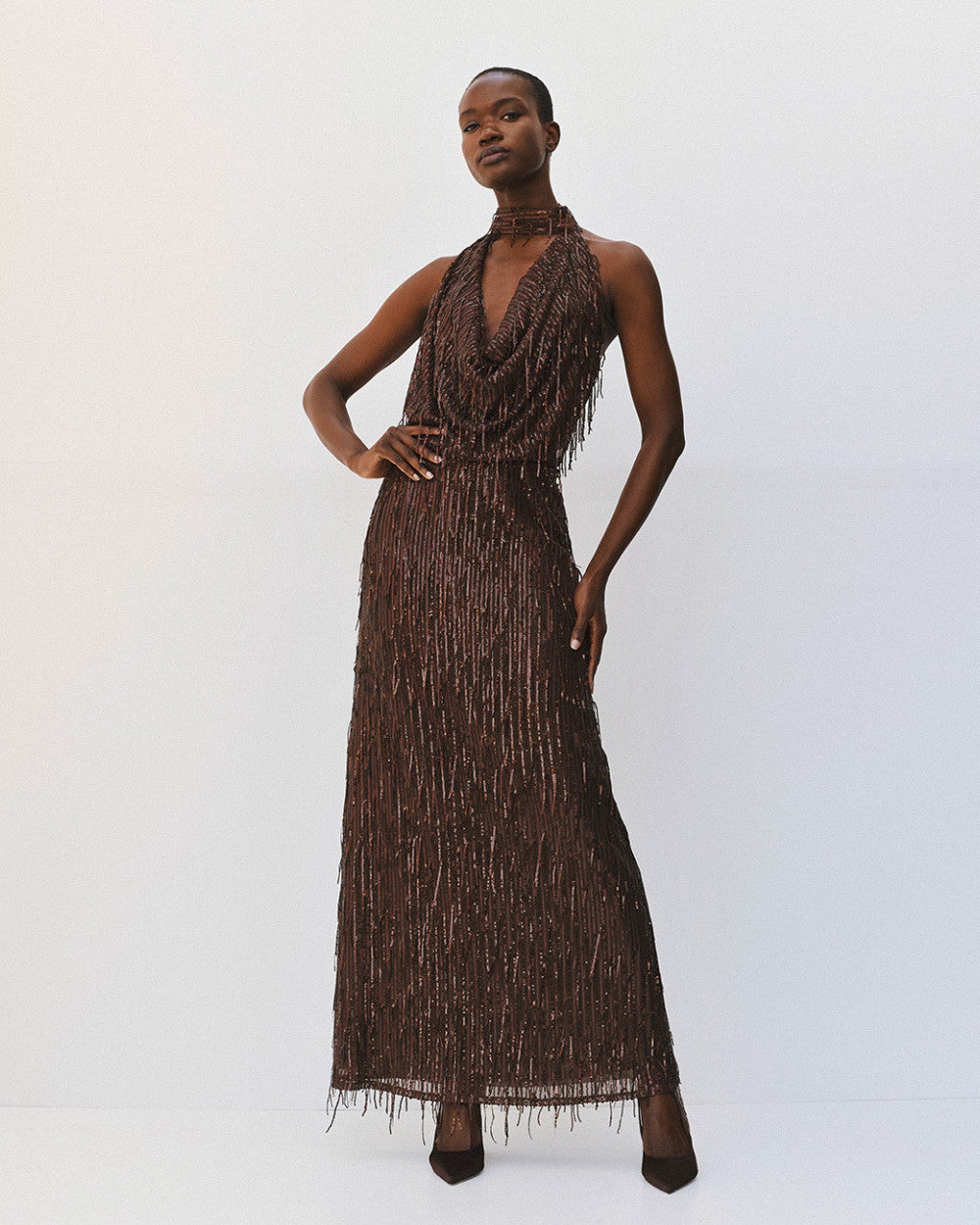 Access Fashion Sequin Fringe Maxi Coffee Dress
