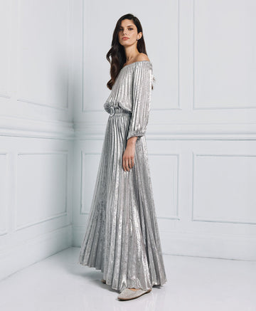 Access Fashion Silver Off The Shoulder Pleated Dress