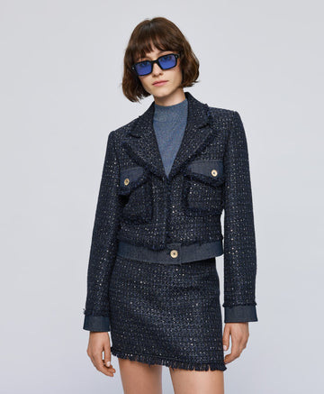 Access Fashion Tweed Navy Bomber Jacket