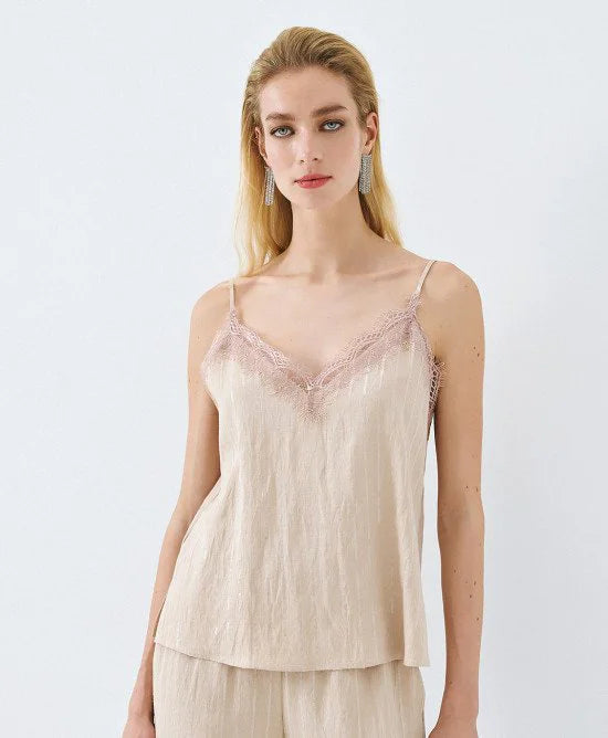 Access Fashion V Neck Lace Trim Beige Cami