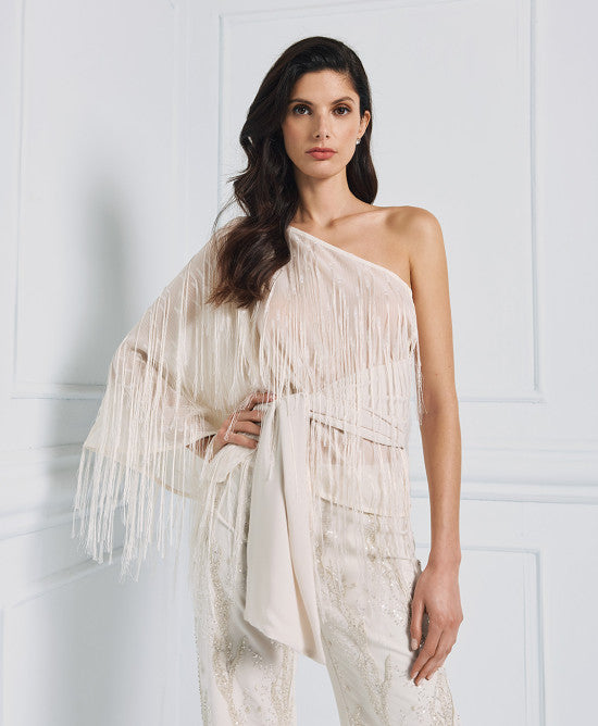 Access Fashion Vanilla One-shoulder Blouse With Fringes