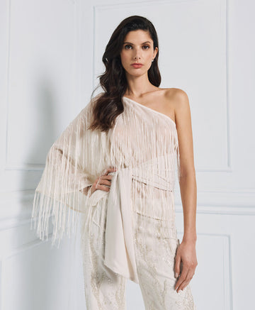 Access Fashion Vanilla One-shoulder Blouse With Fringes