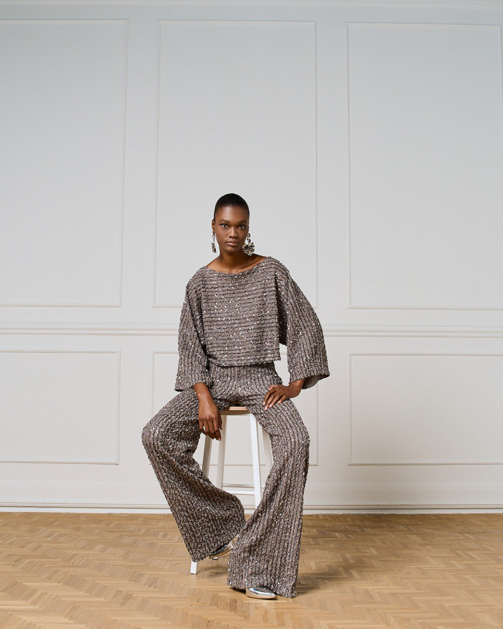 Access Fashion Wide Leg Silver Sequin Pants