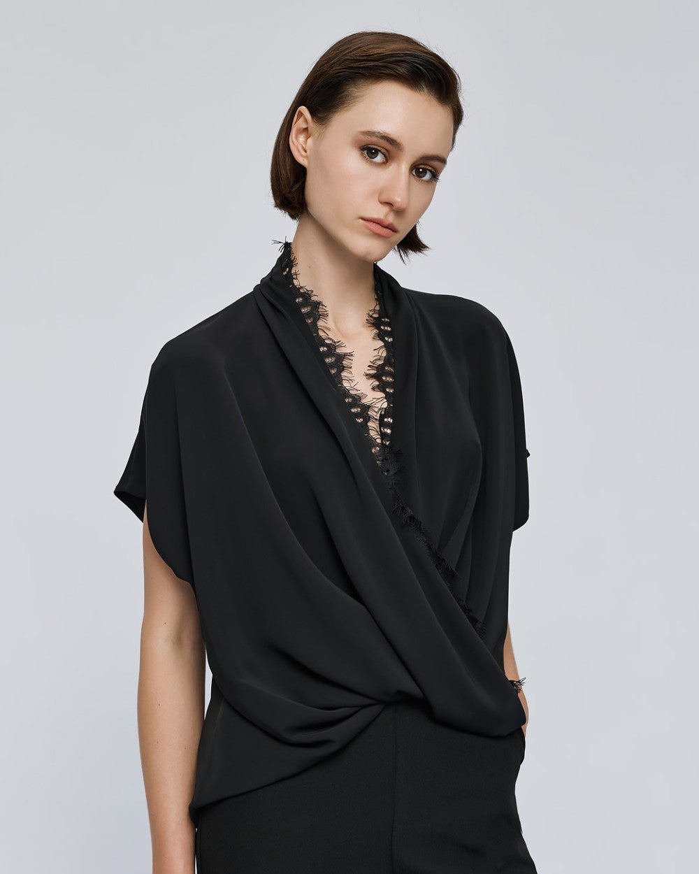 Access Fashion Wrap Black Blouse With Lace