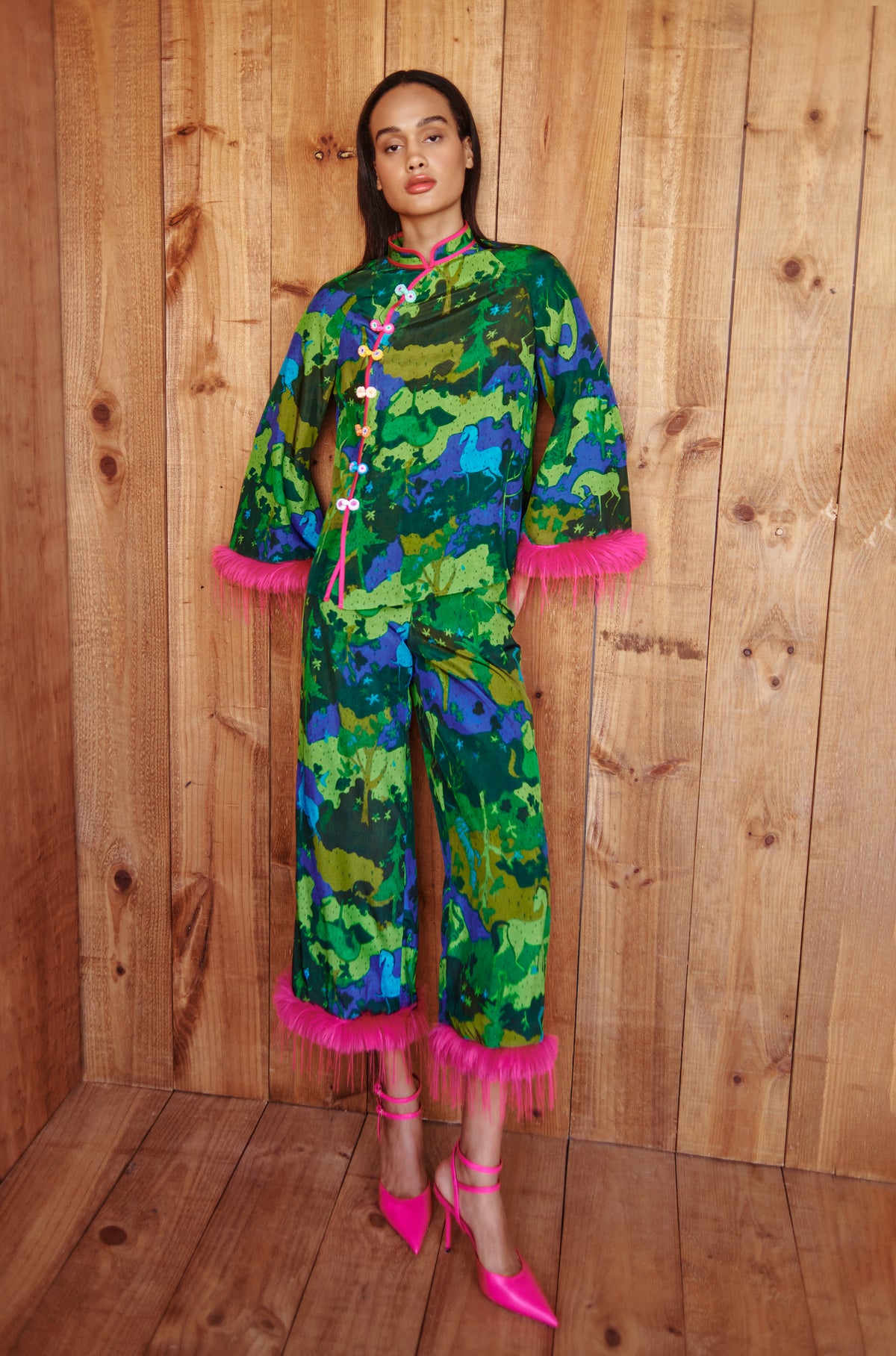 Celia B Oliver Colourful Top &amp; Pants With Pink Fluffy Trim