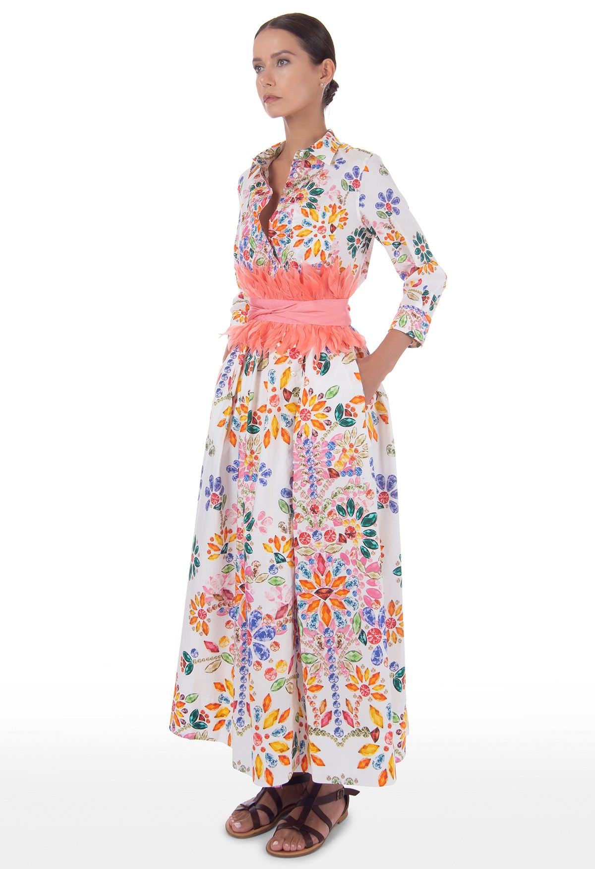 Sara Roka ElenaT96 Midi/Full Length Wrap Floral Print Shirt Dress