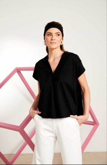 Naya Black Boxy Shape V Neck Top