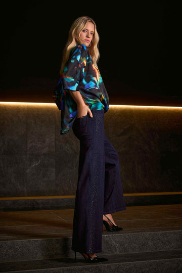 Classic Wide Leg Jeans with Rhinestone Seams